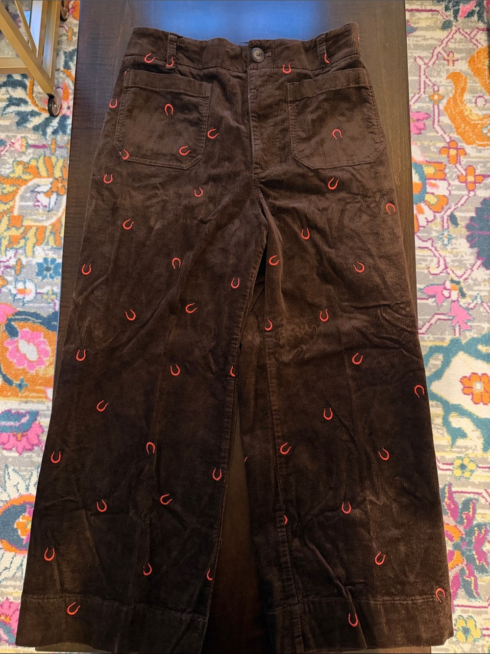 Women’s Brown Corduroy Colette Pants with Red Horseshoe Embroidery